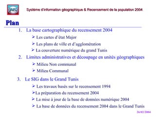 26/02/2004
PlanPlan
1. La base cartographique du recensement 2004
Système d’information géographique & Recensement de la population 2004Système d’information géographique & Recensement de la population 2004
2. Limites administratives et découpage en unités géographiques
3. Le SIG dans le Grand Tunis
 Les cartes d’état Major
 Les plans de ville et d’agglomération
 La couverture numérique du grand Tunis
 Milieu Non communal
 Milieu Communal
 La base de données du recensement 2004 dans le Grand Tunis
La préparation du recensement 2004
 La mise à jour de la base de données numérique 2004
 Les travaux basés sur le recensement 1994
 