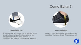 Como Evitar?
Tira condutiva amarela de aterramento para
calçados. Tamanho único. Tira descartável.
Tira Condutiva
É comum que o contato com a bancada forme
o acúmulo de cargas. Por isso, usa-se nas
estações de trabalho para permitir a
dissipação da energia formada pelo operador.
Calcanheira ESD
 