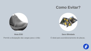 Como Evitar?
É ideal para acondicionamento de placas.
Saco Blindado
Permiti a dissipação das cargas para o chão
Bota ESD
 