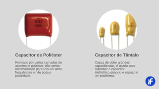 Formado por varias camadas de
alumínio e poliéster, não sendo
recomendado para uso em altas
frequências e não possui
polaridade.
Capacitor de Poliéster
Capaz de obter grandes
capacitâncias, é usado para
substituir o capacitor
eletrolítico quando o espaço é
um problema.
Capacitor de Tântalo
 
