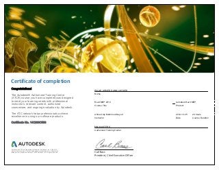 Certificate of completion
Carl Bass
President, Chief Executive Officer
Congratulations!
The Autodesk® Authorized Training Center
(ATC®) course you have completed was designed
to meet your learning needs with professional
instructors, relevant content, authorized
courseware, and ongoing evaluation by Autodesk.
The ATC network helps professionals achieve
excellence in using our software products.
Certificate No. 14C230C583
WALID AHMED GAMAL AHMED
Name
Revit MEP 2014
Course Title
Autodesk Revit MEP
Product
Ahmed Aly Mahmoud Sayed
Instructor
2014-12-25
Date
24 hours
Course Duration
BIM MASTERS
Authorized Training Center
Autodesk and ATC are registered trademarks of Autodesk, Inc. in the USA
and/or other countries. All other trade names, product names, or trademarks
belong to their respective holders. © 2009 Autodesk, Inc. All rights reserved.
 