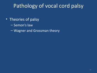 • Theories of palsy
– Semon's law
– Wagner and Grossman theory
Pathology of vocal cord palsy
15
 