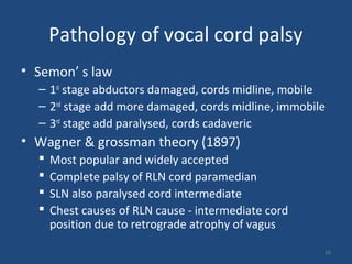 Pathology of vocal cord palsy
• Semon’ s law
– 1st
stage abductors damaged, cords midline, mobile
– 2nd
stage add more damaged, cords midline, immobile
– 3rd
stage add paralysed, cords cadaveric
• Wagner & grossman theory (1897)
 Most popular and widely accepted
 Complete palsy of RLN cord paramedian
 SLN also paralysed cord intermediate
 Chest causes of RLN cause - intermediate cord
position due to retrograde atrophy of vagus
16
 