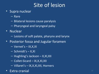 Site of lesion
• Supra nuclear
– Rare
– Bilateral lesions cause paralysis
– Pharyngeal and laryngeal palsy
• Nuclear
– Lesions of soft palate, pharynx and larynx
• Posterior fossa and Jugular foramen
– Vernet’s – IX,X,XI
– Schmidt’s – X,XI
– Hughling’s Jackson – X,XI,XII
– Collet-Sicard – IX,X,XI,XII
– Villaret’s – IX,X,XI,XII, Horners
• Extra cranial 17
 