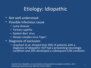 Etiology: Idiopathic
• Not well understood
• Possible infectious cause
– Lyme disease
– Tertiary syphilis
– Epstein-Barr virus
– Herpes simplex virus Type I
• Diagnosis of exclusion
– Urquhart et al. showed that 26% of patients with a
diagnosis of idiopathic VCP had a preexisting neurologic
condition and 20% developed a subsequent CNS condition.
Urquhart et al. Idiopathic vocal cord palsies and associated neurological conditions. Arch
Otolaryngol Head Neck Surg. 2005 Dec;131(12):1086-9.
23
 