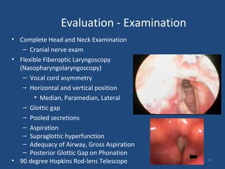 Evaluation - Examination
• Complete Head and Neck Examination
– Cranial nerve exam
• Flexible Fiberoptic Laryngoscopy
(Nasopharyngolaryngoscopy)
– Vocal cord asymmetry
– Horizontal and vertical position
• Median, Paramedian, Lateral
– Glottic gap
– Pooled secretions
– Aspiration
– Supraglottic hyperfunction
– Adequacy of Airway, Gross Aspiration
– Posterior Glottic Gap on Phonation
• 90 degree Hopkins Rod-lens Telescope 39
 
