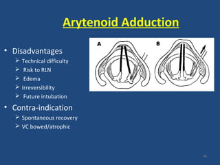 Arytenoid Adduction
• Disadvantages
 Technical difficulty
 Risk to RLN
 Edema
 Irreversibility
 Future intubation
• Contra-indication
 Spontaneous recovery
 VC bowed/atrophic
56
 
