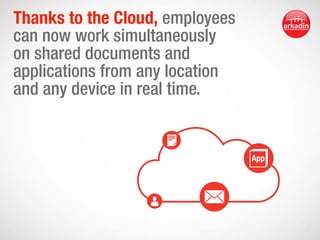 Thanks to the Cloud, employees
can now work simultaneously
on shared documents and
applications from any location
and any device in real time.

 