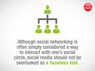 Although social networking is
often simply considered a way
to interact with one’s social
circle, social media should not be
overlooked as a business tool.

 