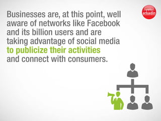 Businesses are, at this point, well
aware of networks like Facebook
and its billion users and are
taking advantage of social media
to publicize their activities
and connect with consumers.

 