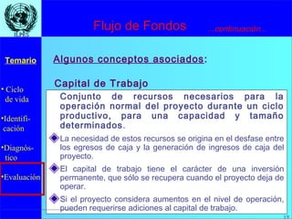 19
• Ciclo
de vida
•Identifi-
cación
•Diagnós-
tico
•Evaluación
Temario
19
ILPESILPES
Capital de Trabajo
Conjunto de recursos necesarios para la
operación normal del proyecto durante un ciclo
productivo, para una capacidad y tamaño
determinados.
La necesidad de estos recursos se origina en el desfase entre
los egresos de caja y la generación de ingresos de caja del
proyecto.
El capital de trabajo tiene el carácter de una inversión
permanente, que sólo se recupera cuando el proyecto deja de
operar.
Si el proyecto considera aumentos en el nivel de operación,
pueden requerirse adiciones al capital de trabajo.
...continuación...
Algunos conceptos asociados:
Flujo de Fondos
 
