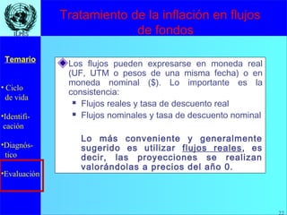 22
• Ciclo
de vida
•Identifi-
cación
•Diagnós-
tico
•Evaluación
Temario
22
ILPESILPES
Los flujos pueden expresarse en moneda real
(UF, UTM o pesos de una misma fecha) o en
moneda nominal ($). Lo importante es la
consistencia:
 Flujos reales y tasa de descuento real
 Flujos nominales y tasa de descuento nominal
Lo más conveniente y generalmente
sugerido es utilizar flujos reales, es
decir, las proyecciones se realizan
valorándolas a precios del año 0.
Tratamiento de la inflación en flujos
de fondos
 