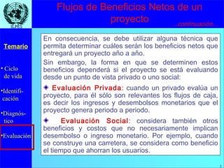 5
• Ciclo
de vida
•Identifi-
cación
•Diagnós-
tico
•Evaluación
Temario
5
ILPESILPES
Flujos de Beneficios Netos de un
proyecto
En consecuencia, se debe utilizar alguna técnica que
permita determinar cuáles serán los beneficios netos que
entregará un proyecto año a año.
Sin embargo, la forma en que se determinen estos
beneficios dependerá si el proyecto se está evaluando
desde un punto de vista privado o uno social:
Evaluación Privada: cuando un privado evalúa un
proyecto, para él sólo son relevantes los flujos de caja,
es decir los ingresos y desembolsos monetarios que el
proyecto genera periodo a periodo.
Evaluación Social: considera también otros
beneficios y costos que no necesariamente implican
desembolso o ingreso monetario. Por ejemplo, cuando
se construye una carretera, se considera como beneficio
el tiempo que ahorran los usuarios.
...continuación...
 