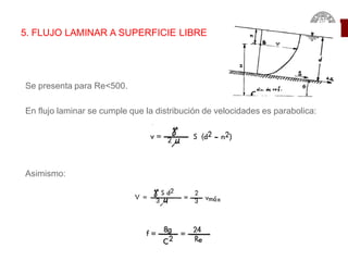 5. FLUJO LAMINAR A SUPERFICIE LIBRE
Se presenta para Re<500.
En flujo laminar se cumple que la distribución de velocidades es parabolica:
Asimismo:
 