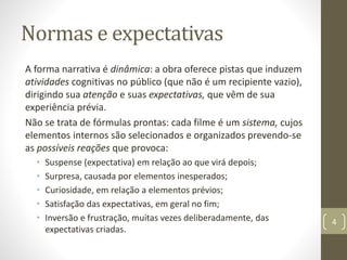 Normas e expectativas
A forma narrativa é dinâmica: a obra oferece pistas que induzem
atividades cognitivas no público (que não é um recipiente vazio),
dirigindo sua atenção e suas expectativas, que vêm de sua
experiência prévia.
Não se trata de fórmulas prontas: cada filme é um sistema, cujos
elementos internos são selecionados e organizados prevendo-se
as possíveis reações que provoca:
• Suspense (expectativa) em relação ao que virá depois;
• Surpresa, causada por elementos inesperados;
• Curiosidade, em relação a elementos prévios;
• Satisfação das expectativas, em geral no fim;
• Inversão e frustração, muitas vezes deliberadamente, das
expectativas criadas.
4
 