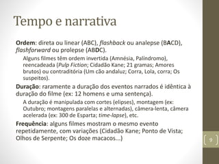 Tempo e narrativa
Ordem: direta ou linear (ABC), flashback ou analepse (BACD),
flashforward ou prolepse (ABDC).
Alguns filmes têm ordem invertida (Amnésia, Palíndromo),
reencadeada (Pulp Fiction; Cidadão Kane; 21 gramas; Amores
brutos) ou contraditória (Um cão andaluz; Corra, Lola, corra; Os
suspeitos).
Duração: raramente a duração dos eventos narrados é idêntica à
duração do filme (ex: 12 homens e uma sentença).
A duração é manipulada com cortes (elipses), montagem (ex:
Outubro; montagens paralelas e alternadas), câmera-lenta, câmera
acelerada (ex: 300 de Esparta; time-lapse), etc.
Frequência: alguns filmes mostram o mesmo evento
repetidamente, com variações (Cidadão Kane; Ponto de Vista;
Olhos de Serpente; Os doze macacos...) 9
 