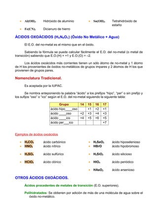 •   Al(OH)3      Hidróxido de aluminio            •   Sn(OH)4      Tetrahidróxido de
                                                                      estaño
   •   Fe(CN)2      Dicianuro de hierro

ÁCIDOS OXOÁCIDOS (HANBOC) (Óxido No Metálico + Agua)

       El E.O. del no-metal es el mismo que en el óxido.

       Sabiendo la fórmula se puede calcular fácilmente el E.O. del no-metal (o metal de
transición) sabiendo que E.O.(H) = +1 y E.O.(O) = –2.

       Los ácidos oxoácidos más corrientes tienen un sólo átomo de no-metal y 1 átomo
de H los provenientes de óxidos no-metálicos de grupos impares y 2 átomos de H los que
provienen de grupos pares.

Nomenclatura Tradicional.

       Es aceptada por la IUPAC.

       Se nombra anteponiendo la palabra “ácido” a los prefijos “hipo”, “per” o sin prefijo y
los sufijos “oso” o “ico” según el E.O. del no-metal siguiendo la siguiente tabla:

                               Grupo       14       15     16   17
                         ácido hipo____oso          +1     +2   +1
                         ácido ____oso     +2       +3     +4   +3
                         ácido ____ico     +4       +5     +6   +5
                         ácido per___ico                        +7


Ejemplos de ácidos oxoácidos

   •   H2CO3        ácido carbónico                  •   H2SeO2       ácido hiposelenioso
   •   HNO3         ácido nítrico                    •   HBrO         ácido hipobromoso

   •   H2SO4        ácido sulfúrico                  •   H2SiO2       ácido silicioso

   •   HClO3        ácido clórico                    •   HIO4         ácido periódico

                                                     •   HAsO2        ácido arsenioso

OTROS ÁCIDOS OXOÁCIDOS.

       Ácidos procedentes de metales de transición (E.O. superiores).

       Polihidratados: Se obtienen por adición de más de una molécula de agua sobre el
          óxido no-metálico.
 