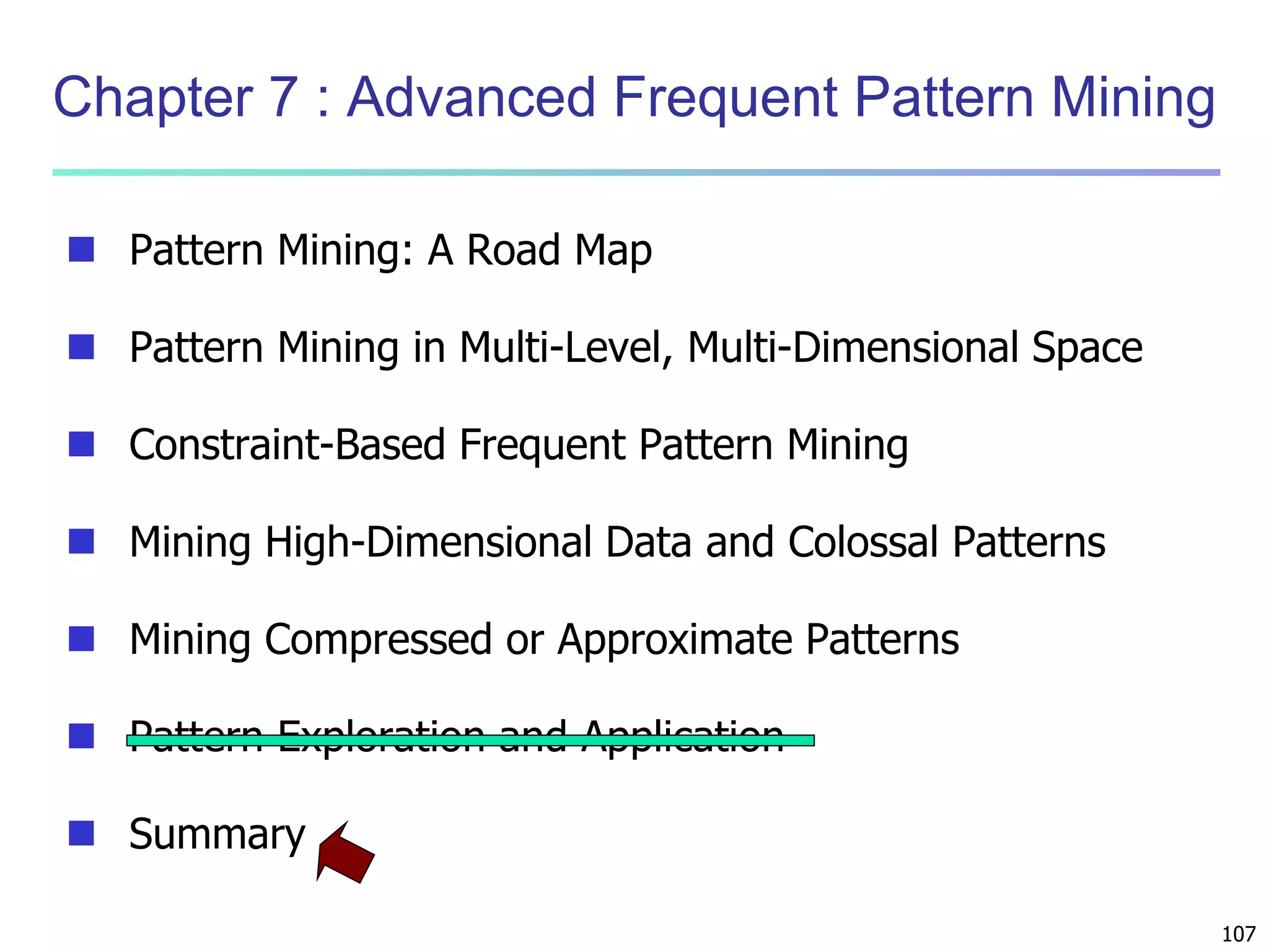 107 
Chapter 7 : Advanced Frequent Pattern Mining 
 Pattern Mining: A Road Map 
 Pattern Mining in Multi-Level, Multi-Dimensional Space 
 Constraint-Based Frequent Pattern Mining 
 Mining High-Dimensional Data and Colossal Patterns 
 Mining Compressed or Approximate Patterns 
 Pattern Exploration and Application 
 Summary 
 