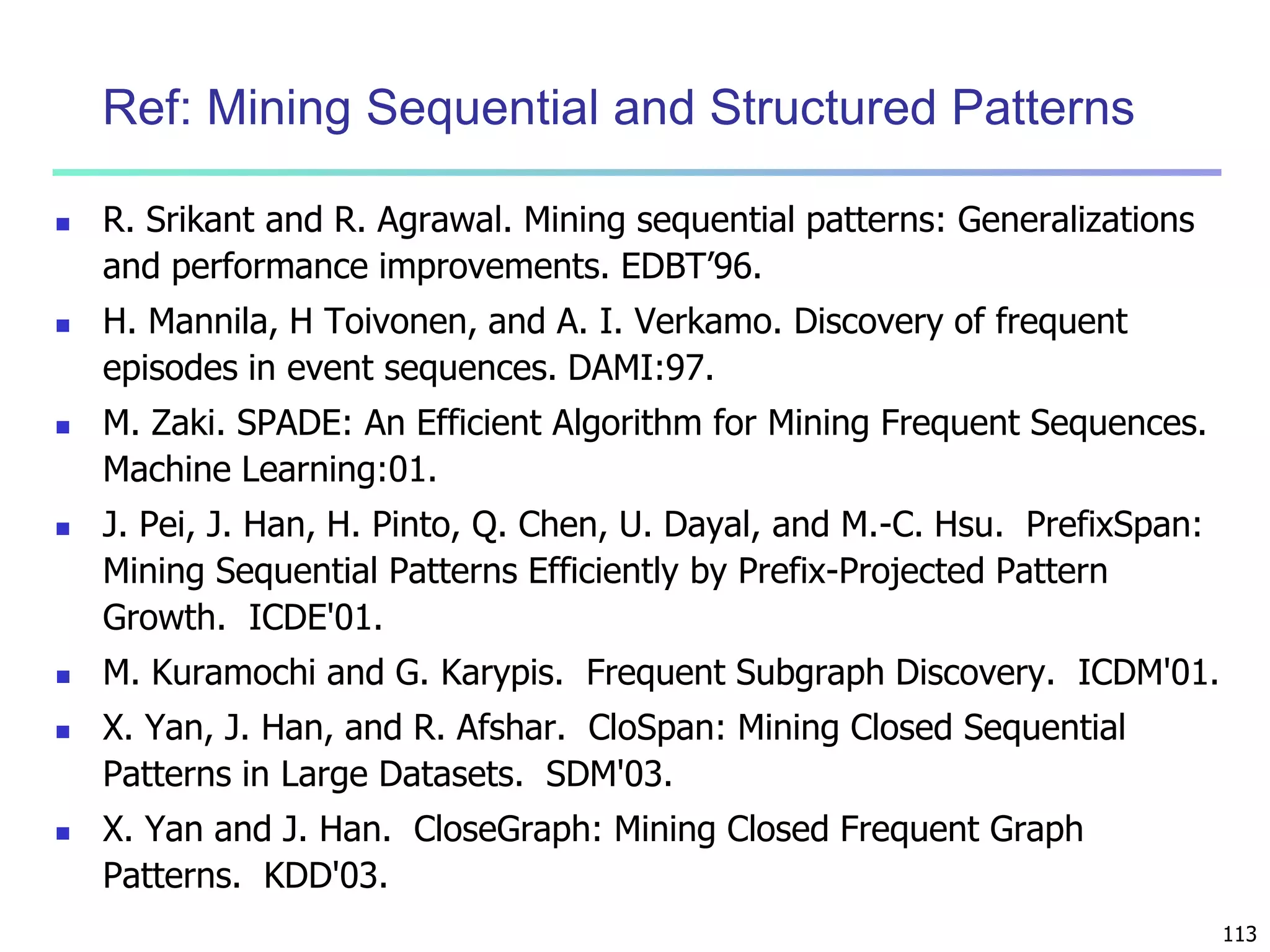 113 
Ref: Mining Sequential and Structured Patterns 
 R. Srikant and R. Agrawal. Mining sequential patterns: Generalizations 
and performance improvements. EDBT’96. 
 H. Mannila, H Toivonen, and A. I. Verkamo. Discovery of frequent 
episodes in event sequences. DAMI:97. 
 M. Zaki. SPADE: An Efficient Algorithm for Mining Frequent Sequences. 
Machine Learning:01. 
 J. Pei, J. Han, H. Pinto, Q. Chen, U. Dayal, and M.-C. Hsu. PrefixSpan: 
Mining Sequential Patterns Efficiently by Prefix-Projected Pattern 
Growth. ICDE'01. 
 M. Kuramochi and G. Karypis. Frequent Subgraph Discovery. ICDM'01. 
 X. Yan, J. Han, and R. Afshar. CloSpan: Mining Closed Sequential 
Patterns in Large Datasets. SDM'03. 
 X. Yan and J. Han. CloseGraph: Mining Closed Frequent Graph 
Patterns. KDD'03. 
 