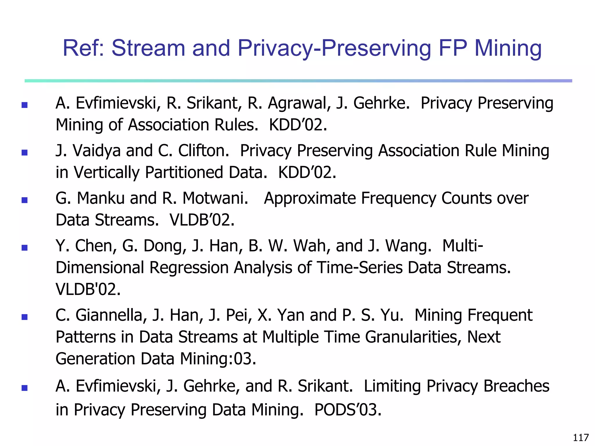 117 
Ref: Stream and Privacy-Preserving FP Mining 
 A. Evfimievski, R. Srikant, R. Agrawal, J. Gehrke. Privacy Preserving 
Mining of Association Rules. KDD’02. 
 J. Vaidya and C. Clifton. Privacy Preserving Association Rule Mining 
in Vertically Partitioned Data. KDD’02. 
 G. Manku and R. Motwani. Approximate Frequency Counts over 
Data Streams. VLDB’02. 
 Y. Chen, G. Dong, J. Han, B. W. Wah, and J. Wang. Multi- 
Dimensional Regression Analysis of Time-Series Data Streams. 
VLDB'02. 
 C. Giannella, J. Han, J. Pei, X. Yan and P. S. Yu. Mining Frequent 
Patterns in Data Streams at Multiple Time Granularities, Next 
Generation Data Mining:03. 
 A. Evfimievski, J. Gehrke, and R. Srikant. Limiting Privacy Breaches 
in Privacy Preserving Data Mining. PODS’03. 
 