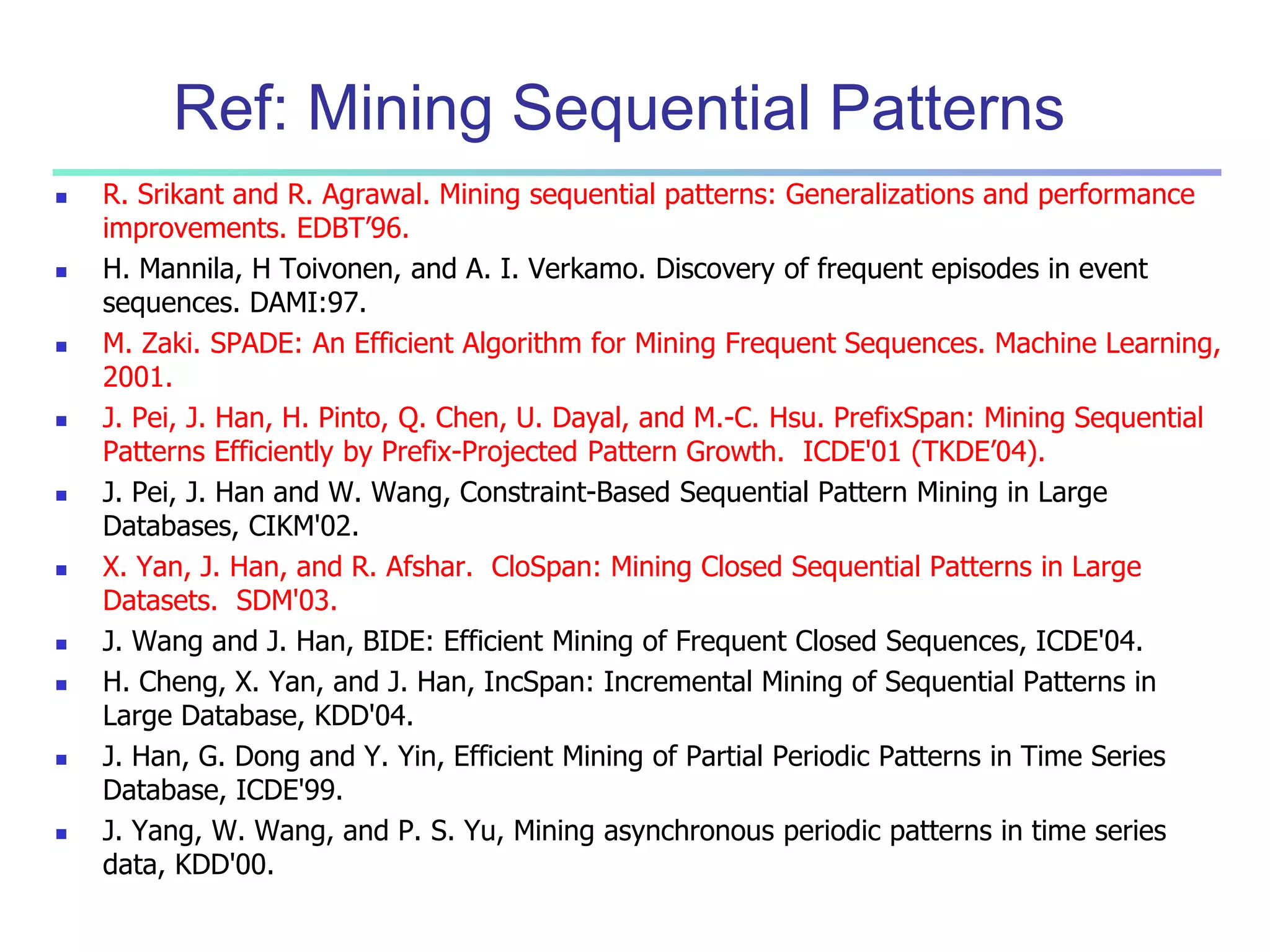Ref: Mining Sequential Patterns 
 R. Srikant and R. Agrawal. Mining sequential patterns: Generalizations and performance 
improvements. EDBT’96. 
 H. Mannila, H Toivonen, and A. I. Verkamo. Discovery of frequent episodes in event 
sequences. DAMI:97. 
 M. Zaki. SPADE: An Efficient Algorithm for Mining Frequent Sequences. Machine Learning, 
2001. 
 J. Pei, J. Han, H. Pinto, Q. Chen, U. Dayal, and M.-C. Hsu. PrefixSpan: Mining Sequential 
Patterns Efficiently by Prefix-Projected Pattern Growth. ICDE'01 (TKDE’04). 
 J. Pei, J. Han and W. Wang, Constraint-Based Sequential Pattern Mining in Large 
Databases, CIKM'02. 
 X. Yan, J. Han, and R. Afshar. CloSpan: Mining Closed Sequential Patterns in Large 
Datasets. SDM'03. 
 J. Wang and J. Han, BIDE: Efficient Mining of Frequent Closed Sequences, ICDE'04. 
 H. Cheng, X. Yan, and J. Han, IncSpan: Incremental Mining of Sequential Patterns in 
Large Database, KDD'04. 
 J. Han, G. Dong and Y. Yin, Efficient Mining of Partial Periodic Patterns in Time Series 
Database, ICDE'99. 
 J. Yang, W. Wang, and P. S. Yu, Mining asynchronous periodic patterns in time series 
data, KDD'00. 
 