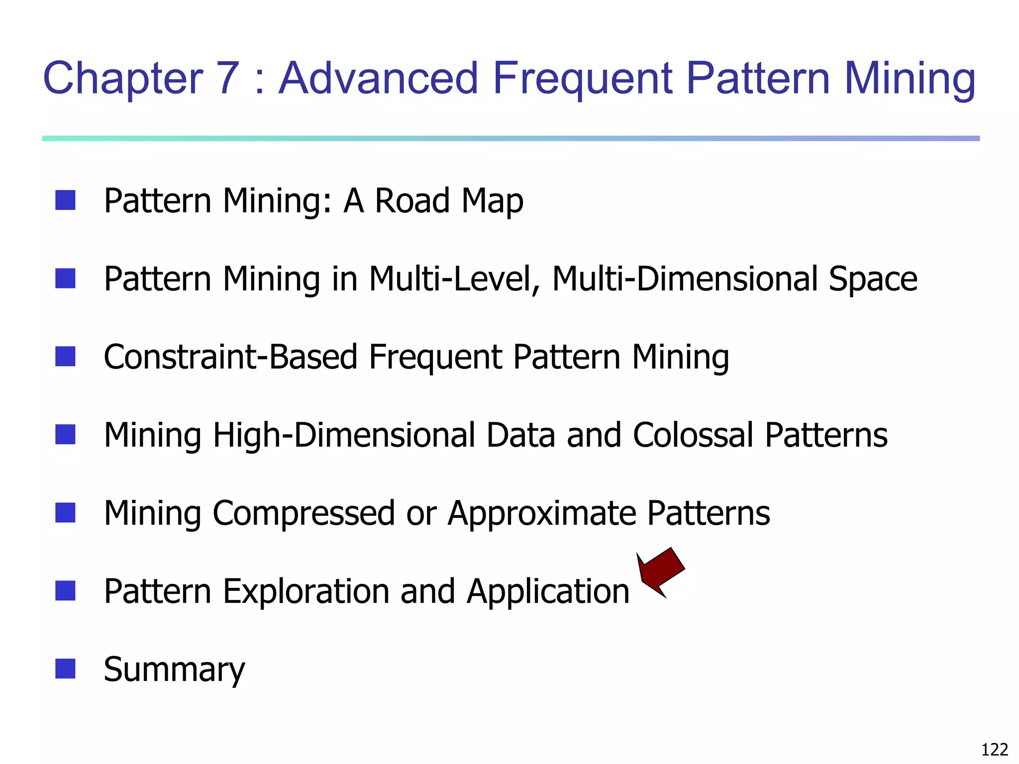 122 
Chapter 7 : Advanced Frequent Pattern Mining 
 Pattern Mining: A Road Map 
 Pattern Mining in Multi-Level, Multi-Dimensional Space 
 Constraint-Based Frequent Pattern Mining 
 Mining High-Dimensional Data and Colossal Patterns 
 Mining Compressed or Approximate Patterns 
 Pattern Exploration and Application 
 Summary 
 