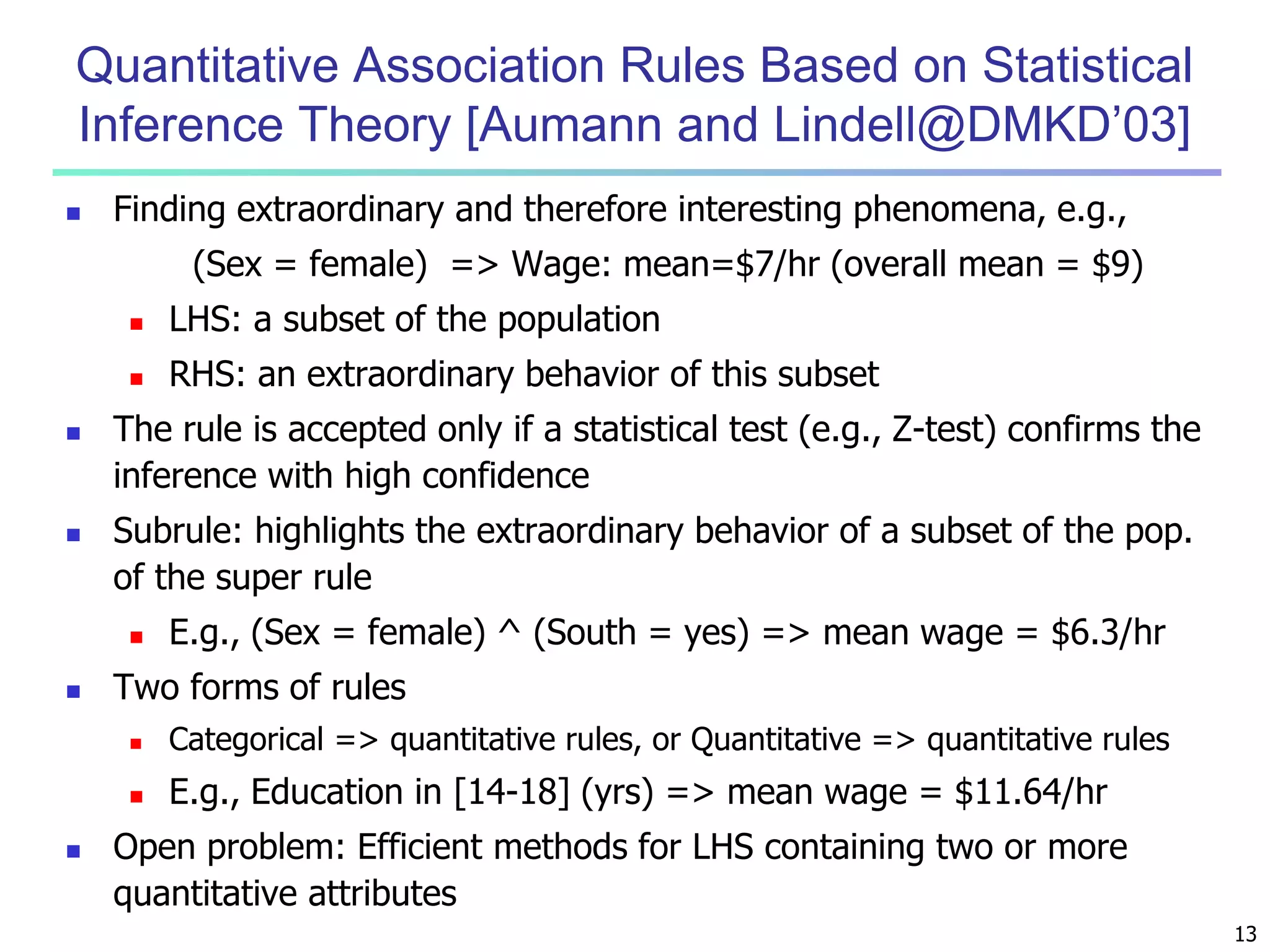 13 
Quantitative Association Rules Based on Statistical 
Inference Theory [Aumann and Lindell@DMKD’03] 
 Finding extraordinary and therefore interesting phenomena, e.g., 
(Sex = female) => Wage: mean=$7/hr (overall mean = $9) 
 LHS: a subset of the population 
 RHS: an extraordinary behavior of this subset 
 The rule is accepted only if a statistical test (e.g., Z-test) confirms the 
inference with high confidence 
 Subrule: highlights the extraordinary behavior of a subset of the pop. 
of the super rule 
 E.g., (Sex = female) ^ (South = yes) => mean wage = $6.3/hr 
 Two forms of rules 
 Categorical => quantitative rules, or Quantitative => quantitative rules 
 E.g., Education in [14-18] (yrs) => mean wage = $11.64/hr 
 Open problem: Efficient methods for LHS containing two or more 
quantitative attributes 
 