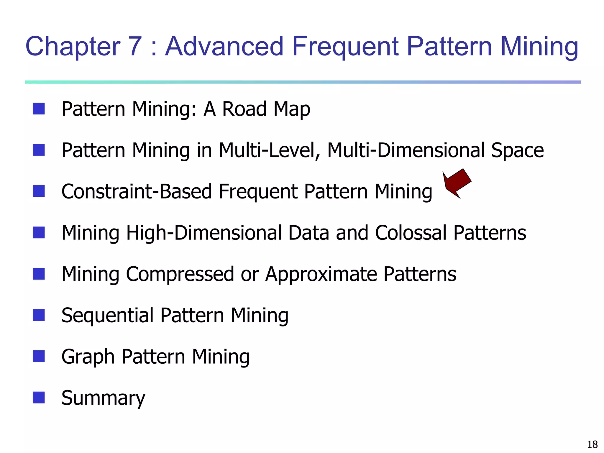 18 
Chapter 7 : Advanced Frequent Pattern Mining 
 Pattern Mining: A Road Map 
 Pattern Mining in Multi-Level, Multi-Dimensional Space 
 Constraint-Based Frequent Pattern Mining 
 Mining High-Dimensional Data and Colossal Patterns 
 Mining Compressed or Approximate Patterns 
 Sequential Pattern Mining 
 Graph Pattern Mining 
 Summary 
 