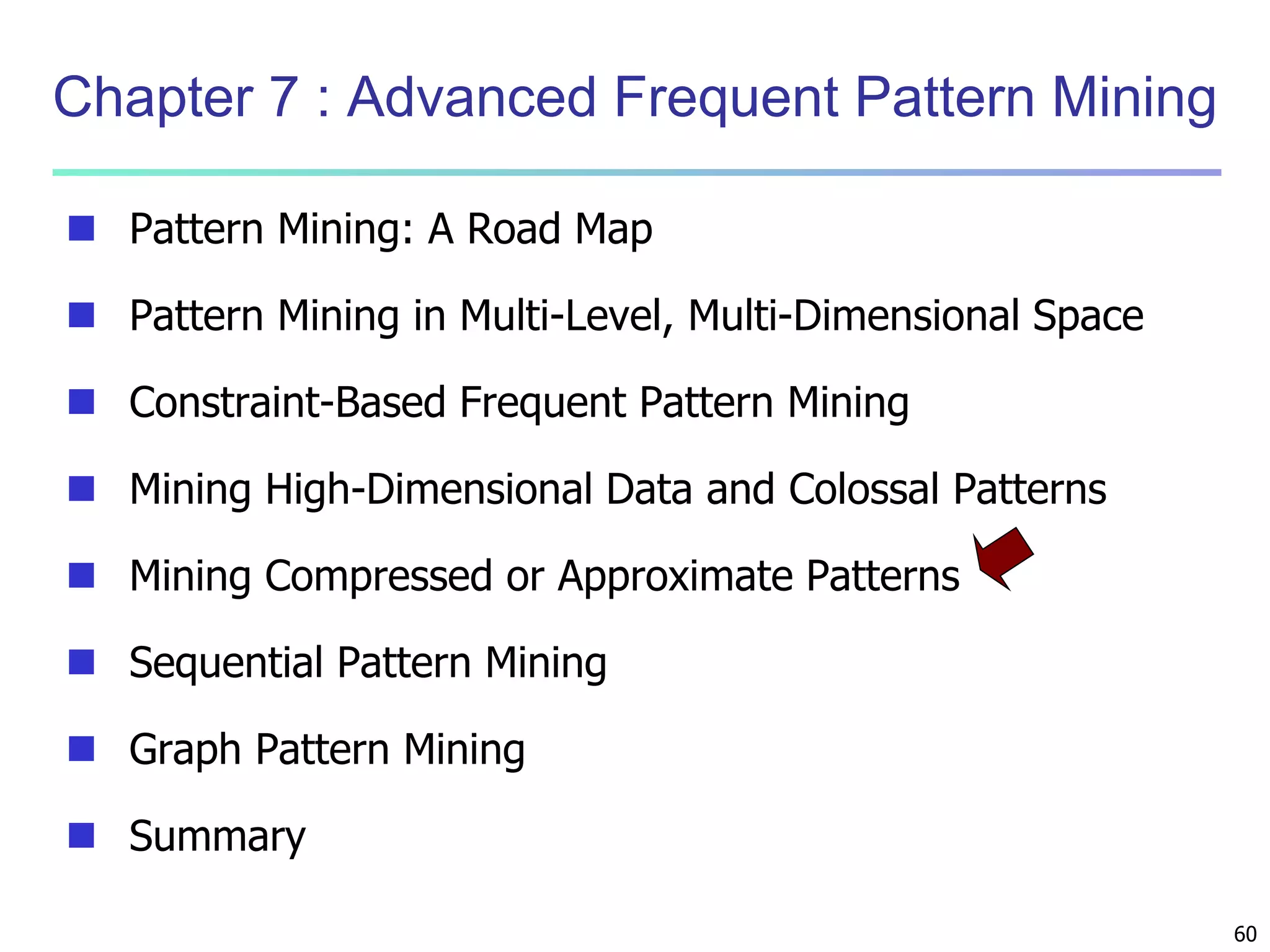 60 
Chapter 7 : Advanced Frequent Pattern Mining 
 Pattern Mining: A Road Map 
 Pattern Mining in Multi-Level, Multi-Dimensional Space 
 Constraint-Based Frequent Pattern Mining 
 Mining High-Dimensional Data and Colossal Patterns 
 Mining Compressed or Approximate Patterns 
 Sequential Pattern Mining 
 Graph Pattern Mining 
 Summary 
 