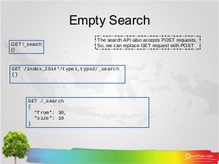 Empty Search
GET /_search
{}
GET /index_2014*/type1,type2/_search
{}
GET /_search
{
"from": 30,
"size": 10
}
The search AP...