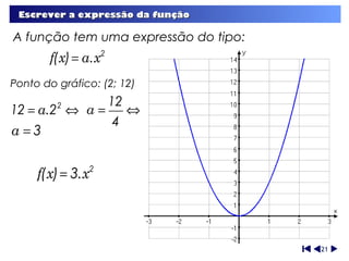 Escrever a expressão da função

A função tem uma expressão do tipo:
       f(x) = a.x2
Ponto do gráfico: (2; 12)
               12
12 = a.2 ⇔ a =
         2
                  ⇔
                4
a=3


     f(x) = 3.x   2




                                      21
 