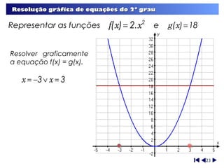 Resolução gráfica de equações do 2º grau

Representar as funções    f(x) = 2.x2 e g(x) = 18

Resolver graficamente
a equação f(x) = g(x).

   x = −3 ∨ x = 3




                                                    23
 