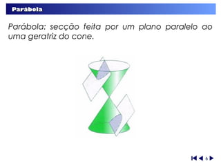 Parábola


Parábola: secção feita por um plano paralelo ao
uma geratriz do cone.




                                             6
 