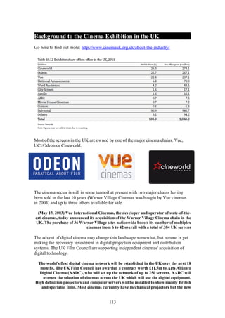 Background to the Cinema Exhibition in the UK
Go here to find out more: http://www.cinemauk.org.uk/about-the-industry/




Most of the screens in the UK are owned by one of the major cinema chains. Vue,
UCI/Odeon or Cineworld.




The cinema sector is still in some turmoil at present with two major chains having
been sold in the last 10 years (Warner Village Cinemas was bought by Vue cinemas
in 2003) and up to three others available for sale.

 (May 13, 2003) Vue International Cinemas, the developer and operator of state-of-the-
art-cinemas, today announced its acquisition of the Warner Village Cinema chain in the
UK. The purchase of 36 Warner Village sites nationwide boosts its number of multiplex
                           cinemas from 6 to 42 overall with a total of 384 UK screens

The advent of digital cinema may change this landscape somewhat, but no-one is yet
making the necessary investment in digital projection equipment and distribution
systems. The UK Film Council are supporting independent cinemas' acquisition of
digital technology.

 The world's first digital cinema network will be established in the UK over the next 18
  months. The UK Film Council has awarded a contract worth £11.5m to Arts Alliance
  Digital Cinema (AADC), who will set up the network of up to 250 screens. AADC will
    oversee the selection of cinemas across the UK which will use the digital equipment.
High definition projectors and computer servers will be installed to show mainly British
   and specialist films. Most cinemas currently have mechanical projectors but the new


                                         113
 