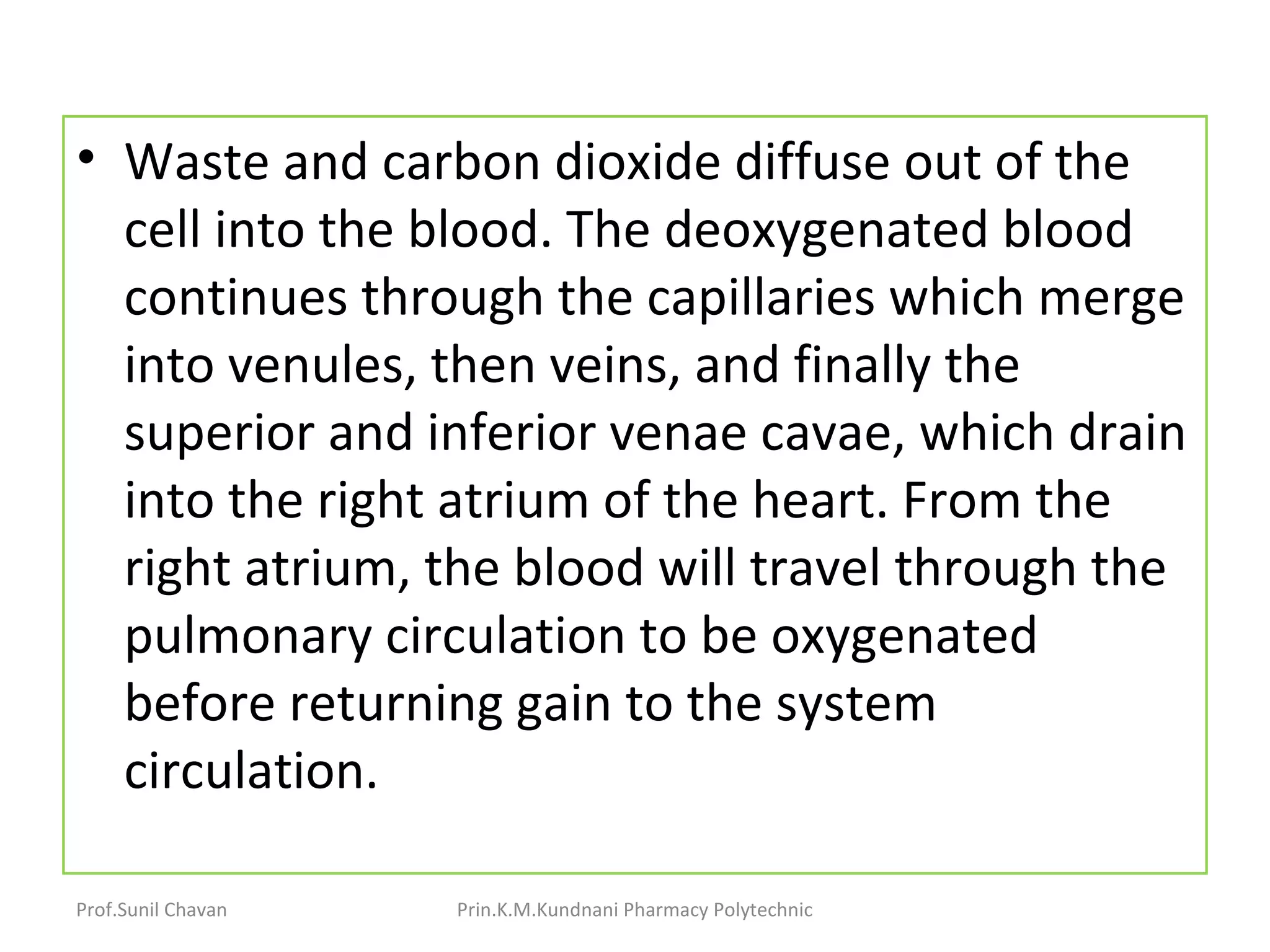 • Waste and carbon dioxide diffuse out of the
cell into the blood. The deoxygenated blood
continues through the capillaries which merge
into venules, then veins, and finally the
superior and inferior venae cavae, which drain
into the right atrium of the heart. From the
right atrium, the blood will travel through the
pulmonary circulation to be oxygenated
before returning gain to the system
circulation.
Prof.Sunil Chavan Prin.K.M.Kundnani Pharmacy Polytechnic
 