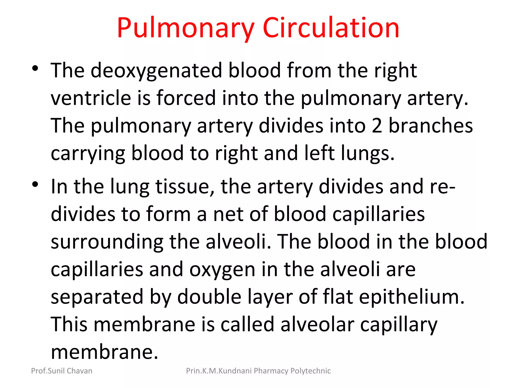 Pulmonary Circulation
• The deoxygenated blood from the right
ventricle is forced into the pulmonary artery.
The pulmonary artery divides into 2 branches
carrying blood to right and left lungs.
• In the lung tissue, the artery divides and re-
divides to form a net of blood capillaries
surrounding the alveoli. The blood in the blood
capillaries and oxygen in the alveoli are
separated by double layer of flat epithelium.
This membrane is called alveolar capillary
membrane.
Prof.Sunil Chavan Prin.K.M.Kundnani Pharmacy Polytechnic
 