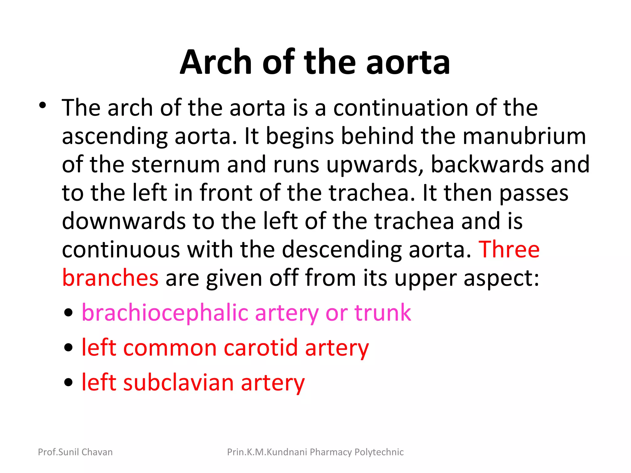 Prof.Sunil Chavan Prin.K.M.Kundnani Pharmacy Polytechnic
Arch of the aorta
• The arch of the aorta is a continuation of the
ascending aorta. It begins behind the manubrium
of the sternum and runs upwards, backwards and
to the left in front of the trachea. It then passes
downwards to the left of the trachea and is
continuous with the descending aorta. Three
branches are given off from its upper aspect:
• brachiocephalic artery or trunk
• left common carotid artery
• left subclavian artery
 