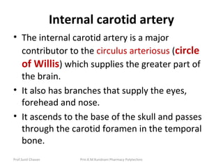 Prof.Sunil Chavan Prin.K.M.Kundnani Pharmacy Polytechnic
Internal carotid artery
• The internal carotid artery is a major
contributor to the circulus arteriosus (circle
of Willis) which supplies the greater part of
the brain.
• It also has branches that supply the eyes,
forehead and nose.
• It ascends to the base of the skull and passes
through the carotid foramen in the temporal
bone.
 
