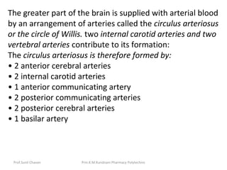 Prof.Sunil Chavan Prin.K.M.Kundnani Pharmacy Polytechnic
The greater part of the brain is supplied with arterial blood
by an arrangement of arteries called the circulus arteriosus
or the circle of Willis. two internal carotid arteries and two
vertebral arteries contribute to its formation:
The circulus arteriosus is therefore formed by:
• 2 anterior cerebral arteries
• 2 internal carotid arteries
• 1 anterior communicating artery
• 2 posterior communicating arteries
• 2 posterior cerebral arteries
• 1 basilar artery
 