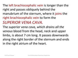 Prof.Sunil Chavan Prin.K.M.Kundnani Pharmacy Polytechnic
The left brachiocephalic vein is longer than the
right and passes obliquely behind the
manubrium of the sternum, where it joins the
right brachiocephalic vein to form the
SUPERIOR VENA CAVA.
The superior vena cava, which drains all the
venous blood from the head, neck and upper
limbs, is about 7 cm long. It passes downwards
along the right border of the sternum and ends
in the right atrium of the heart.
 