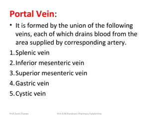 Portal Vein:
• It is formed by the union of the following
veins, each of which drains blood from the
area supplied by corresponding artery.
1.Splenic vein
2.Inferior mesenteric vein
3.Superior mesenteric vein
4.Gastric vein
5.Cystic vein
Prof.Sunil Chavan Prin.K.M.Kundnani Pharmacy Polytechnic
 