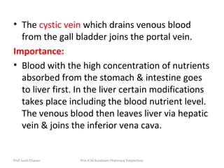 • The cystic vein which drains venous blood
from the gall bladder joins the portal vein.
Importance:
• Blood with the high concentration of nutrients
absorbed from the stomach & intestine goes
to liver first. In the liver certain modifications
takes place including the blood nutrient level.
The venous blood then leaves liver via hepatic
vein & joins the inferior vena cava.
Prof.Sunil Chavan Prin.K.M.Kundnani Pharmacy Polytechnic
 