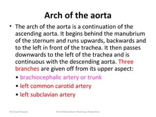 Prof.Sunil Chavan Prin.K.M.Kundnani Pharmacy Polytechnic
Arch of the aorta
• The arch of the aorta is a continuation of the
ascending aorta. It begins behind the manubrium
of the sternum and runs upwards, backwards and
to the left in front of the trachea. It then passes
downwards to the left of the trachea and is
continuous with the descending aorta. Three
branches are given off from its upper aspect:
• brachiocephalic artery or trunk
• left common carotid artery
• left subclavian artery
 