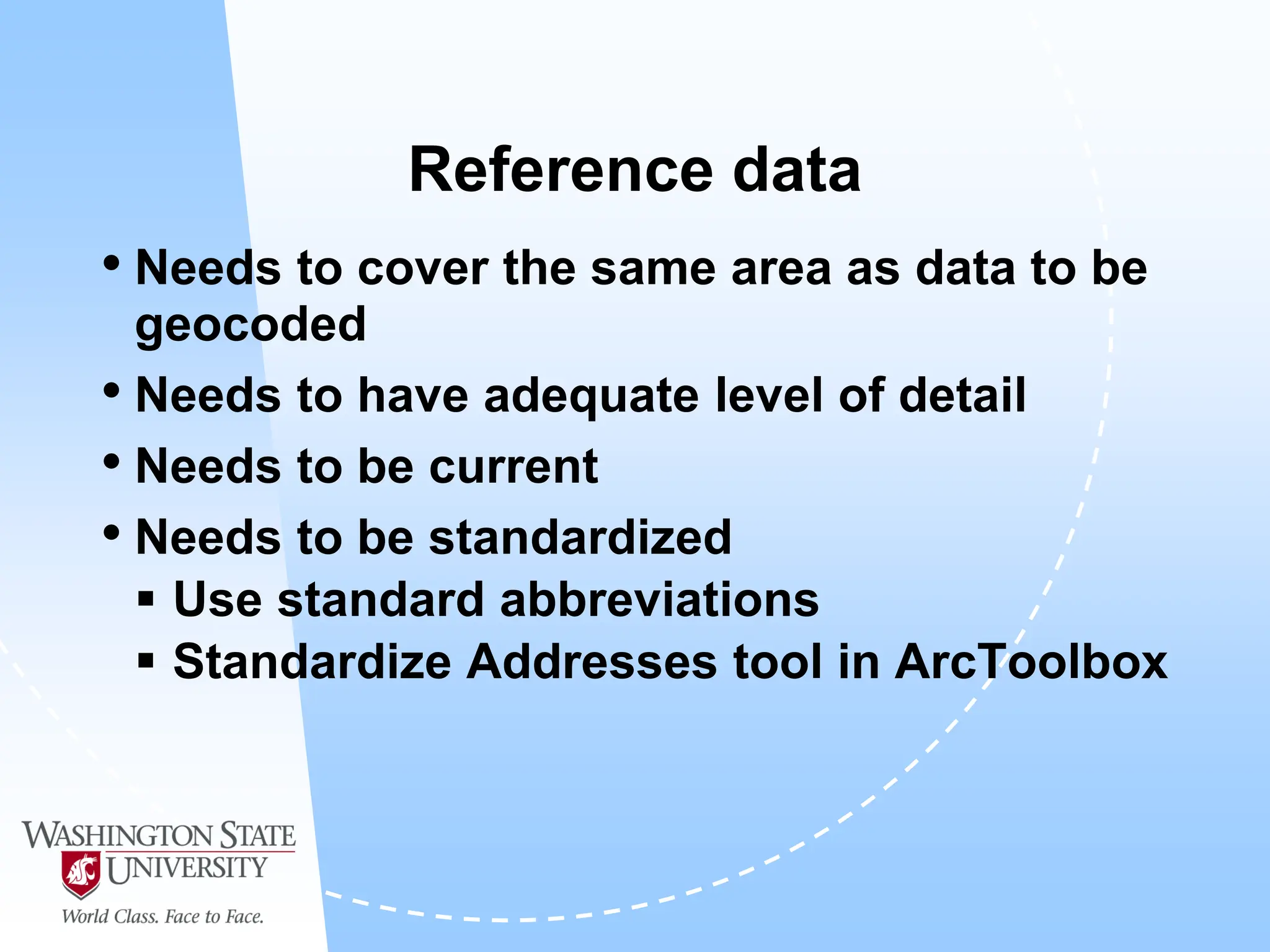 Reference data
• Needs to cover the same area as data to be
geocoded
• Needs to have adequate level of detail
• Needs to be current
• Needs to be standardized
 Use standard abbreviations
 Standardize Addresses tool in ArcToolbox
 