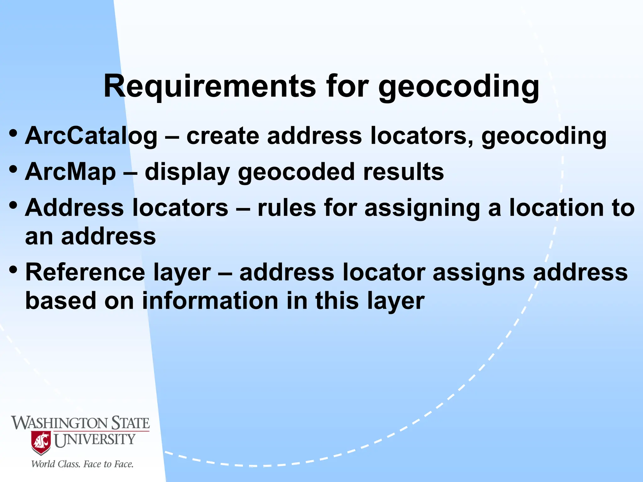 Requirements for geocoding
• ArcCatalog – create address locators, geocoding
• ArcMap – display geocoded results
• Address locators – rules for assigning a location to
an address
• Reference layer – address locator assigns address
based on information in this layer
 