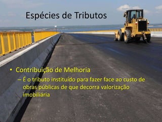 Espécies de Tributos




• Contribuição de Melhoria
  – É o tributo instituído para fazer face ao custo de
    obras públicas de que decorra valorização
    imobiliária
 