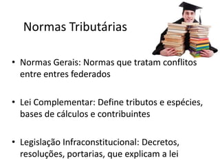 Normas Tributárias

• Normas Gerais: Normas que tratam conflitos
  entre entres federados

• Lei Complementar: Define tributos e espécies,
  bases de cálculos e contribuintes

• Legislação Infraconstitucional: Decretos,
  resoluções, portarias, que explicam a lei
 