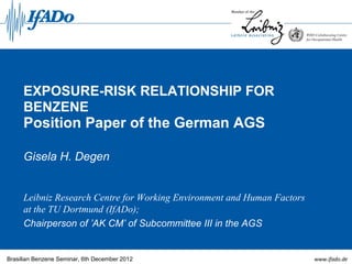 EXPOSURE-RISK RELATIONSHIP FOR
     BENZENE
     Position Paper of the German AGS

     Gisela H. Degen


     Leibniz Research Centre for Working Environment and Human Factors
     at the TU Dortmund (IfADo);
     Chairperson of ’AK CM’ of Subcommittee III in the AGS


Brasilian Benzene Seminar, 6th December 2012                             www.ifado.de
 