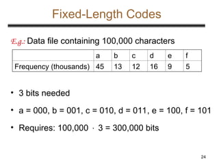 24
Fixed-Length Codes
E.g.: Data file containing 100,000 characters
• 3 bits needed
• a = 000, b = 001, c = 010, d = 011, e = 100, f = 101
• Requires: 100,000  3 = 300,000 bits
a b c d e f
Frequency (thousands) 45 13 12 16 9 5
 
