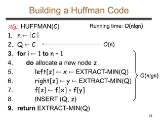 34
Building a Huffman Code
Alg.: HUFFMAN(C)
1. n  C 
2. Q  C
3. for i  1 to n – 1
4. do allocate a new node z
5. left[z]  x  EXTRACT-MIN(Q)
6. right[z]  y  EXTRACT-MIN(Q)
7. f[z]  f[x] + f[y]
8. INSERT (Q, z)
9. return EXTRACT-MIN(Q)
O(n)
O(nlgn)
Running time: O(nlgn)
 